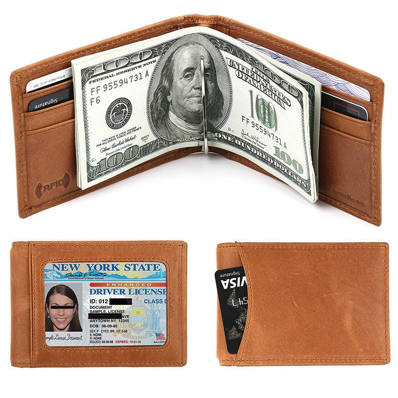 Custom RFID Blocking Front Pocket Genuine Leather Slim Wallet with Money Clip 