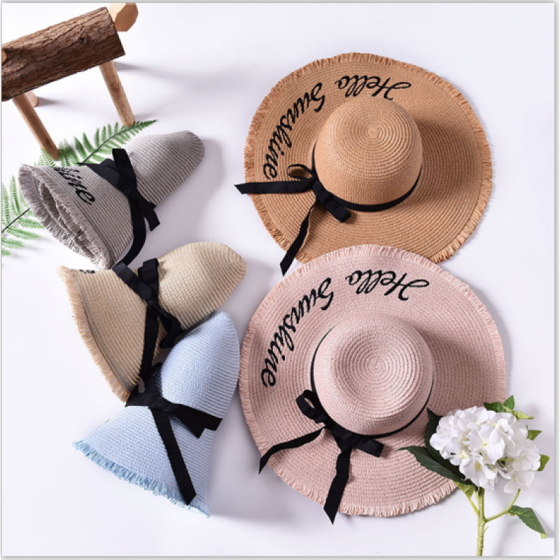 Hot Selling Sun Hats For Women Black Ribbon Lace Up Large Brim Straw Hat Outdoor Beach Summer Caps