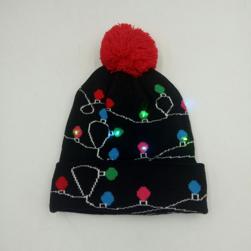 new style jacquard acrylic knitted led light beanie with pom ball 