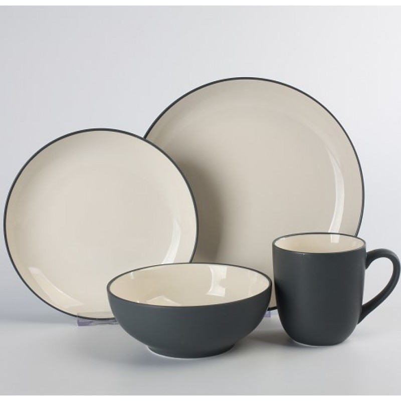 Gloss white and matt dark green suface stoneware dinner set 