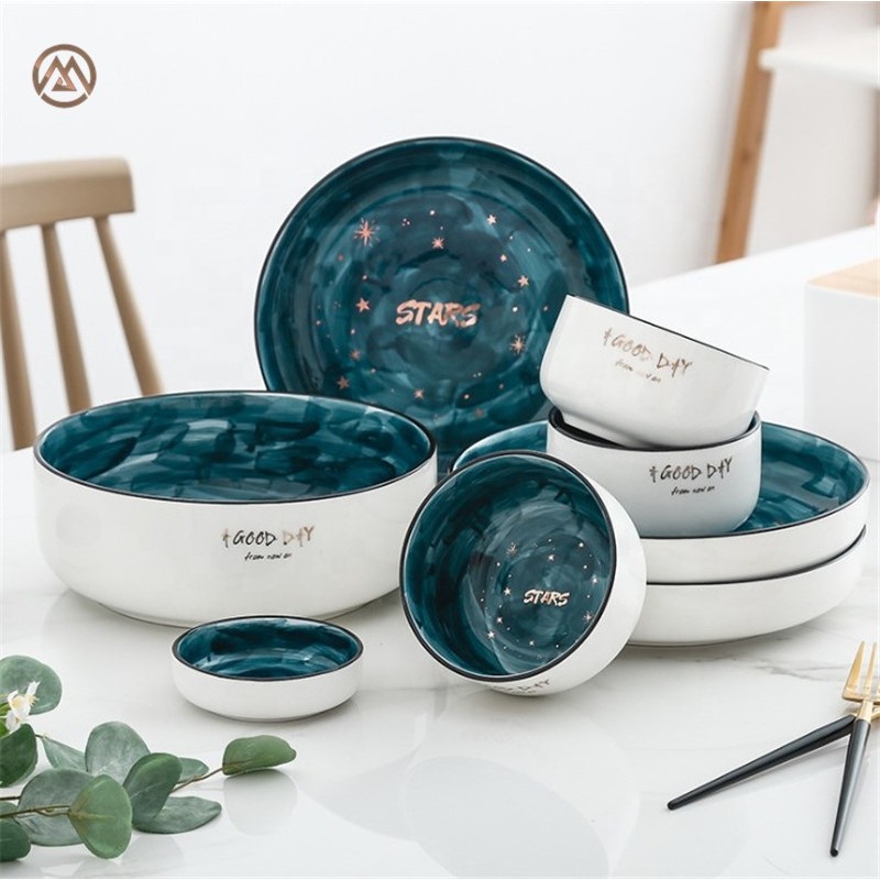 Porcelain Glaze Blue Star Pattern Tableware Luxury Dinnerware Sets Ceramic 