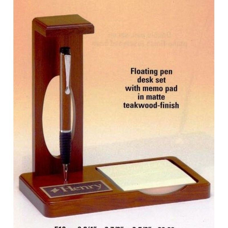 Teakwood Finish Floating Pen Desk Set W/Memo Pad