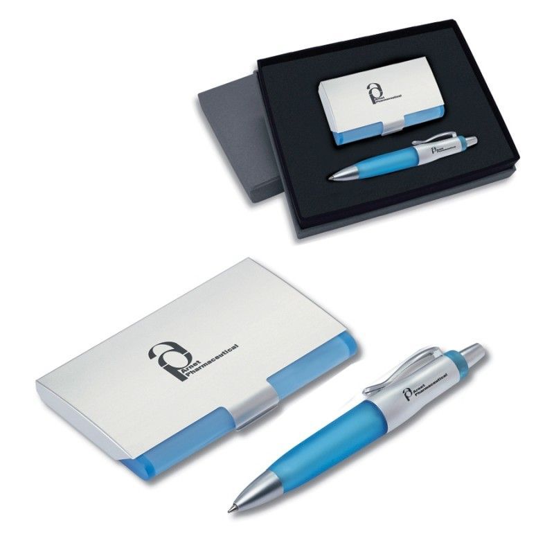 Gift Set - Silver Business Card Holder & Ballpoint Pen With Blue Accents