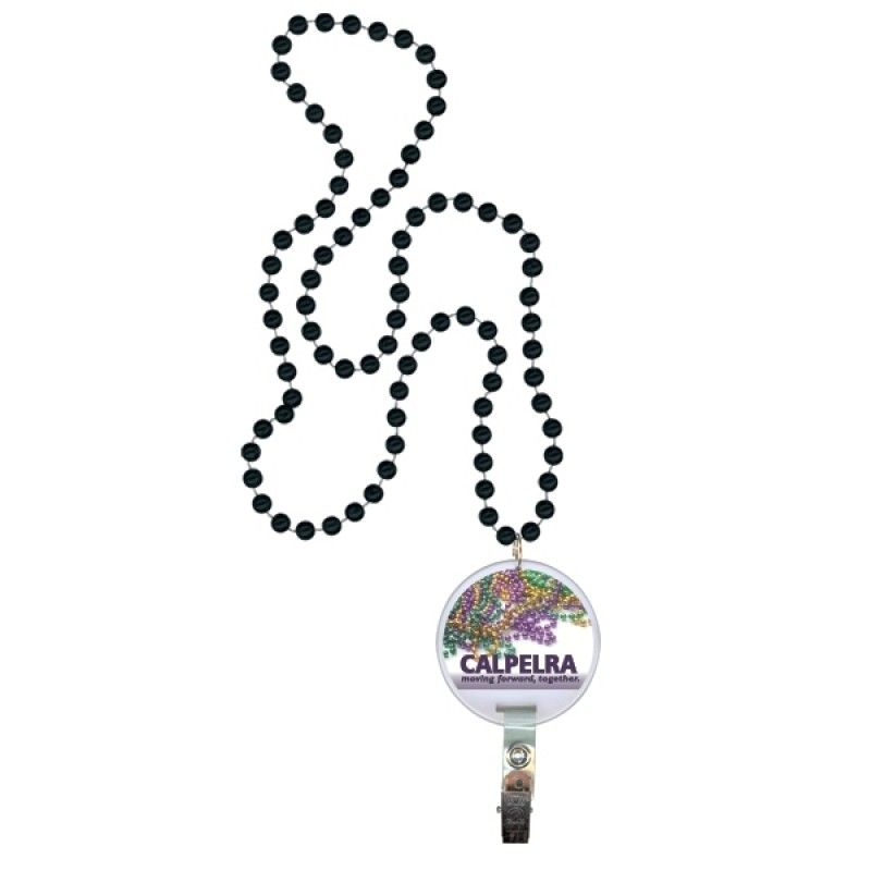 Promotional Black Custom Decal Clip Medallion On Mardi Gras Bead Strand